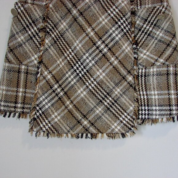 Zara Brown Black Plaid Mini Skirt Frayed Fringe Pockets Size Medium - Picture 8 of 14